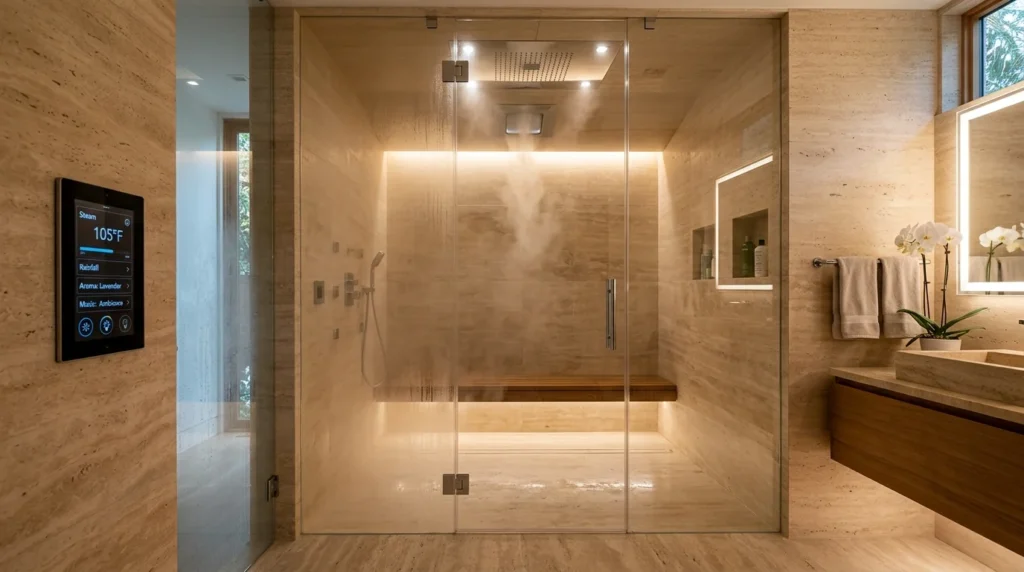 Luxury spa-tuary high-tech wellness bathroom featuring smart technology