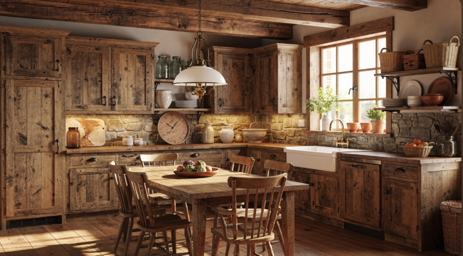 Reclaimed barn wood cabinets in a rustic farmhouse kitchen with exposed beams.