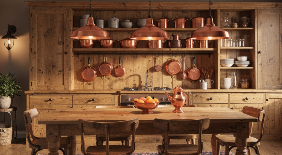 Rustic kitchen with wooden cabinets and copper decorative accents