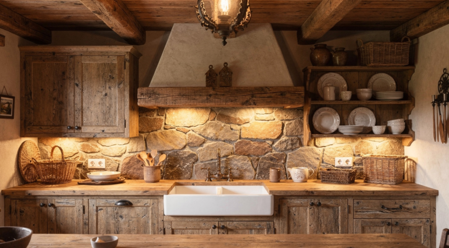 Farmhouse kitchen featuring exposed beams and wooden cabinetry