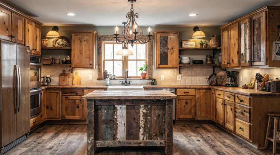Mixed wood farmhouse kitchen cabinets with rustic styling