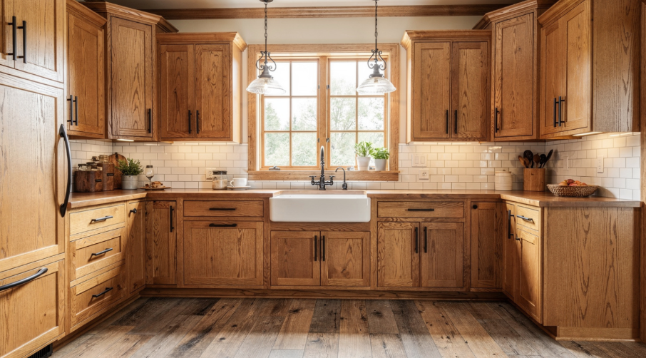 Honey oak wooden cabinets with farmhouse sink and rustic decor.