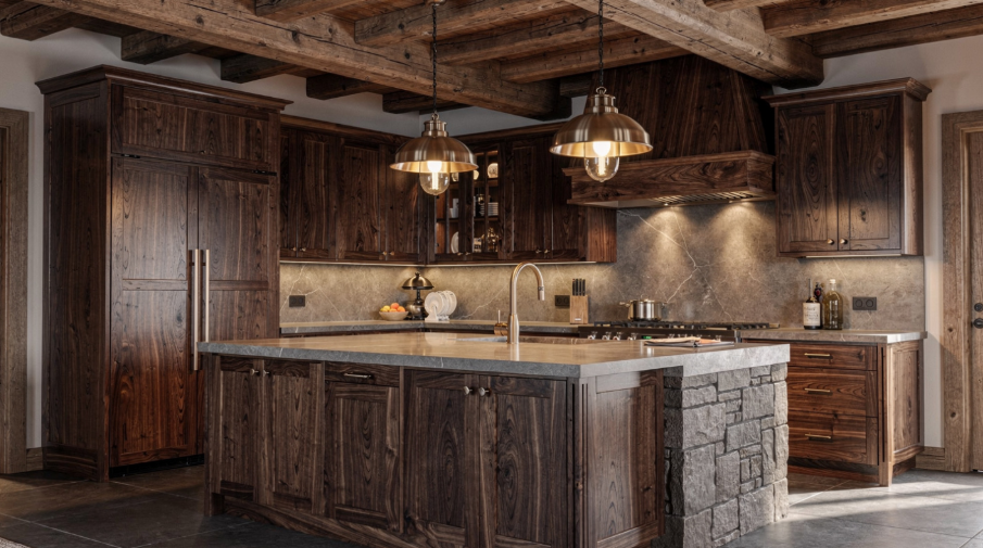 Dark walnut kitchen cabinets in a luxury rustic kitchen design.