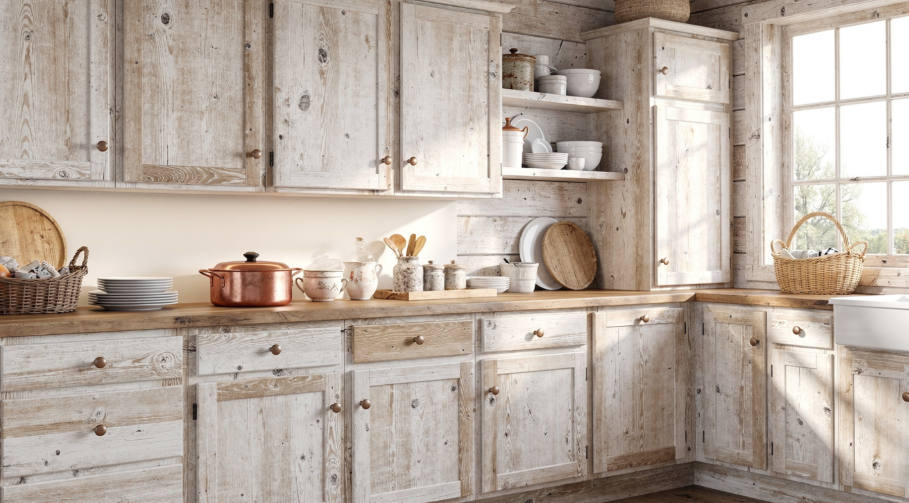 Whitewashed wooden cabinets in a bright rustic farmhouse kitchen