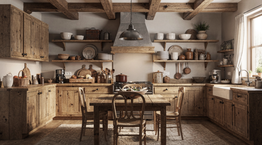 Rustic kitchen with wooden cabinets and open shelving display
