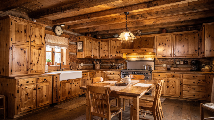 Country kitchen featuring knotty pine wooden cabinets.