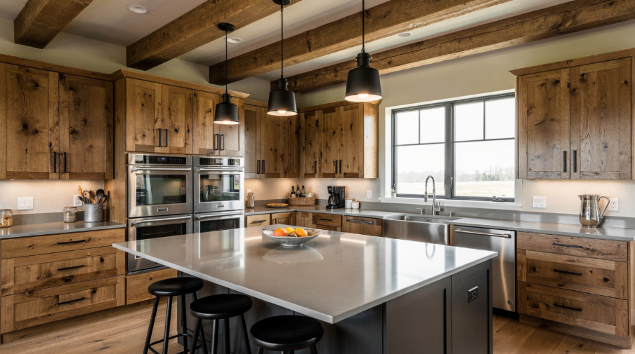 Modern rustic kitchen with sleek wooden cabinetry and black fixtures