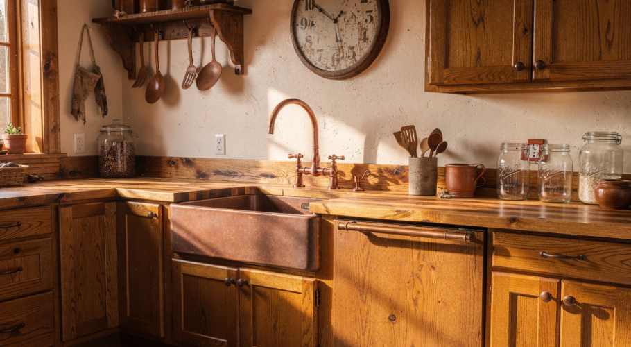 Wooden cabinets paired with butcher block countertops in rustic kitchen