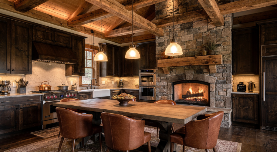 Mountain cabin style kitchen with rustic wooden cabinets