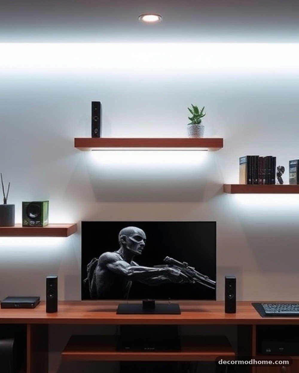 5. Floating Walnut Shelves with LED Backlighting