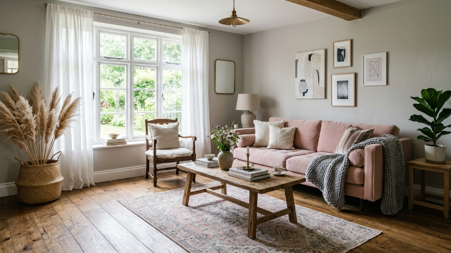Dreamy pink and grey living room