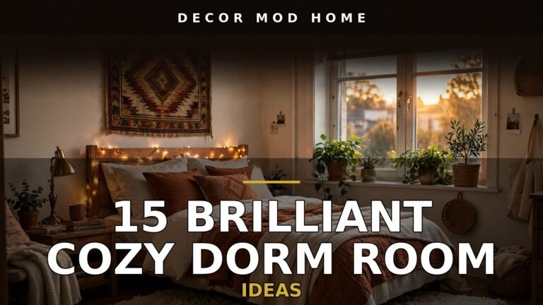 15 brilliant cozy dorm room ideas featured image: warm dorm bedroom with layered rust and cream bedding, fairy lights, tapestry and plants