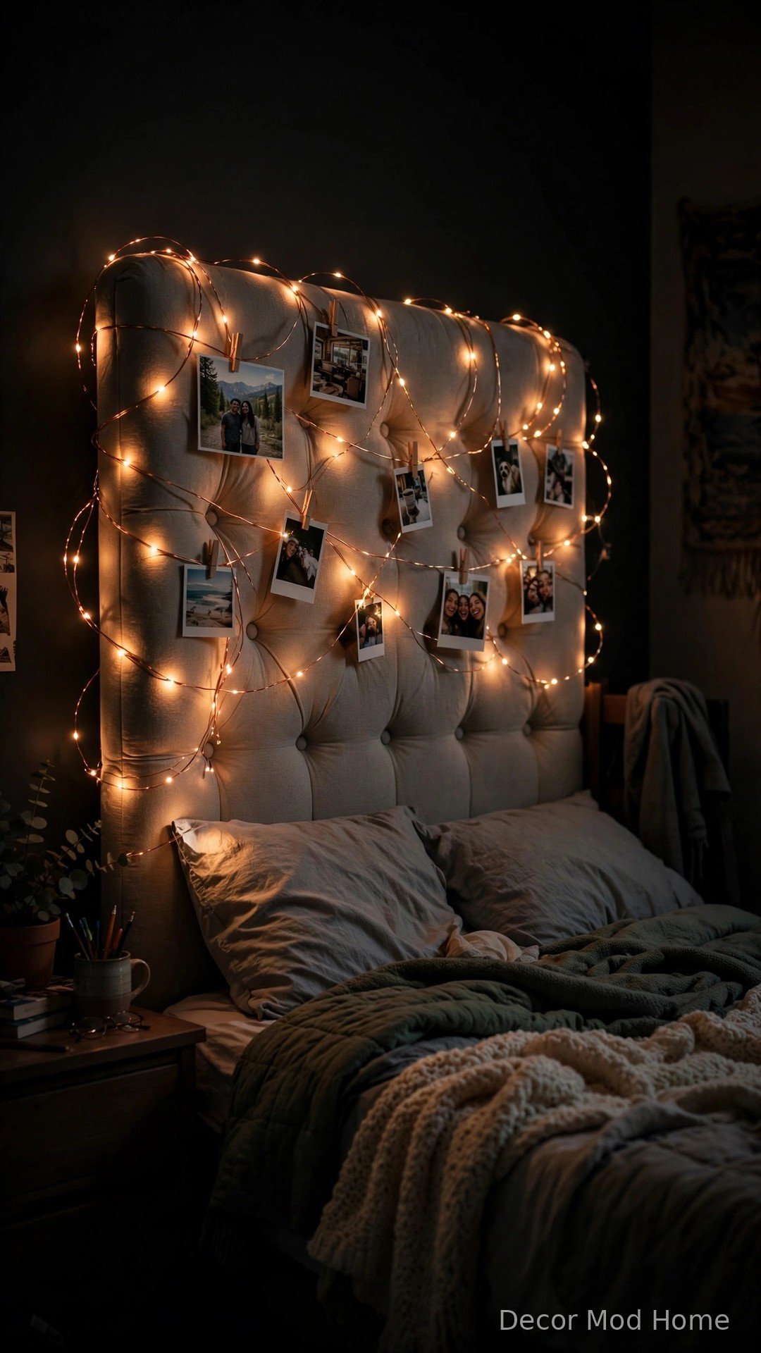 Warm copper-wire fairy lights draped in soft loops around a dorm bed headboard with small photos