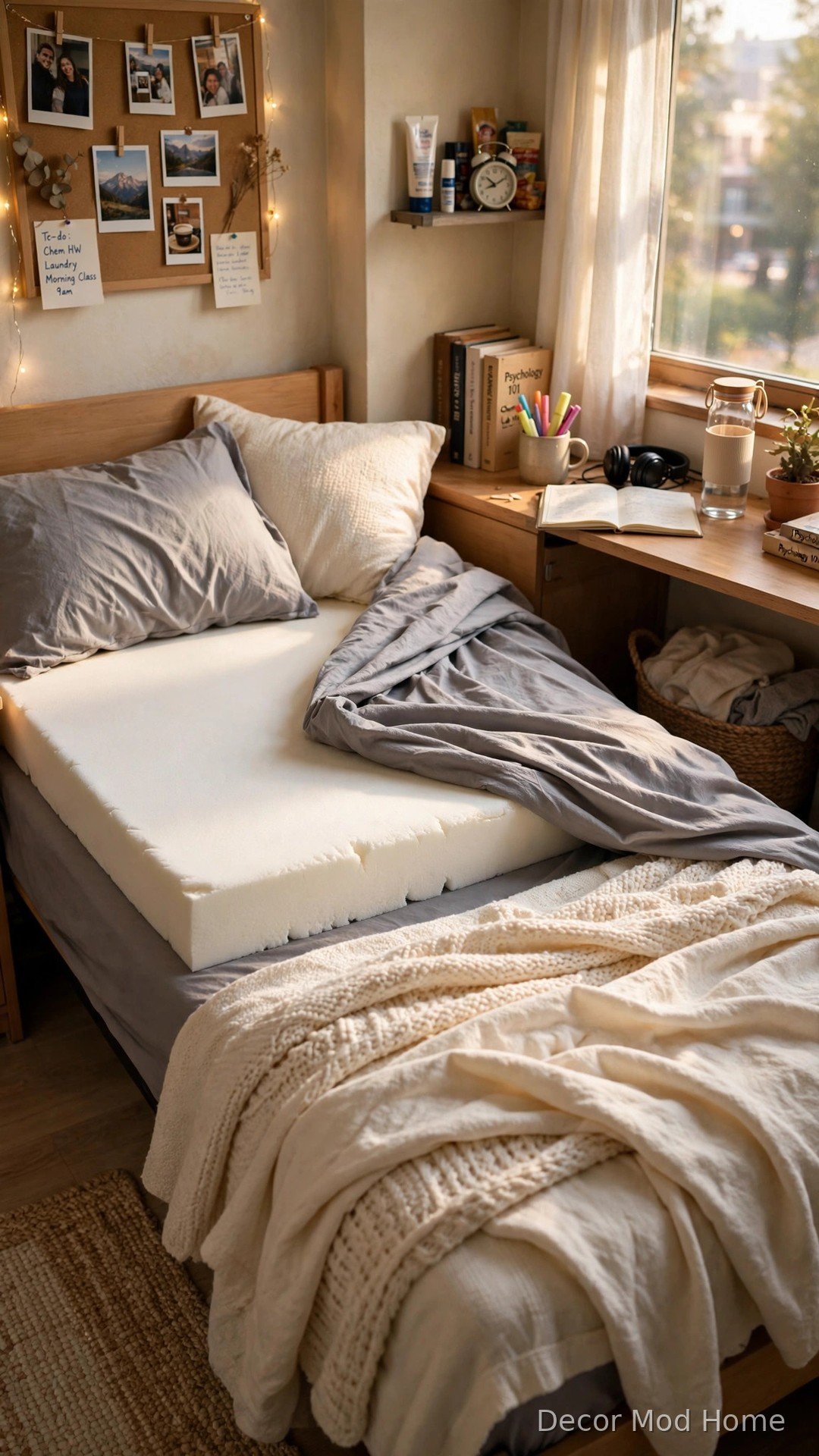 Thick white memory foam mattress topper visible under a half-pulled-back grey sheet on a dorm bed