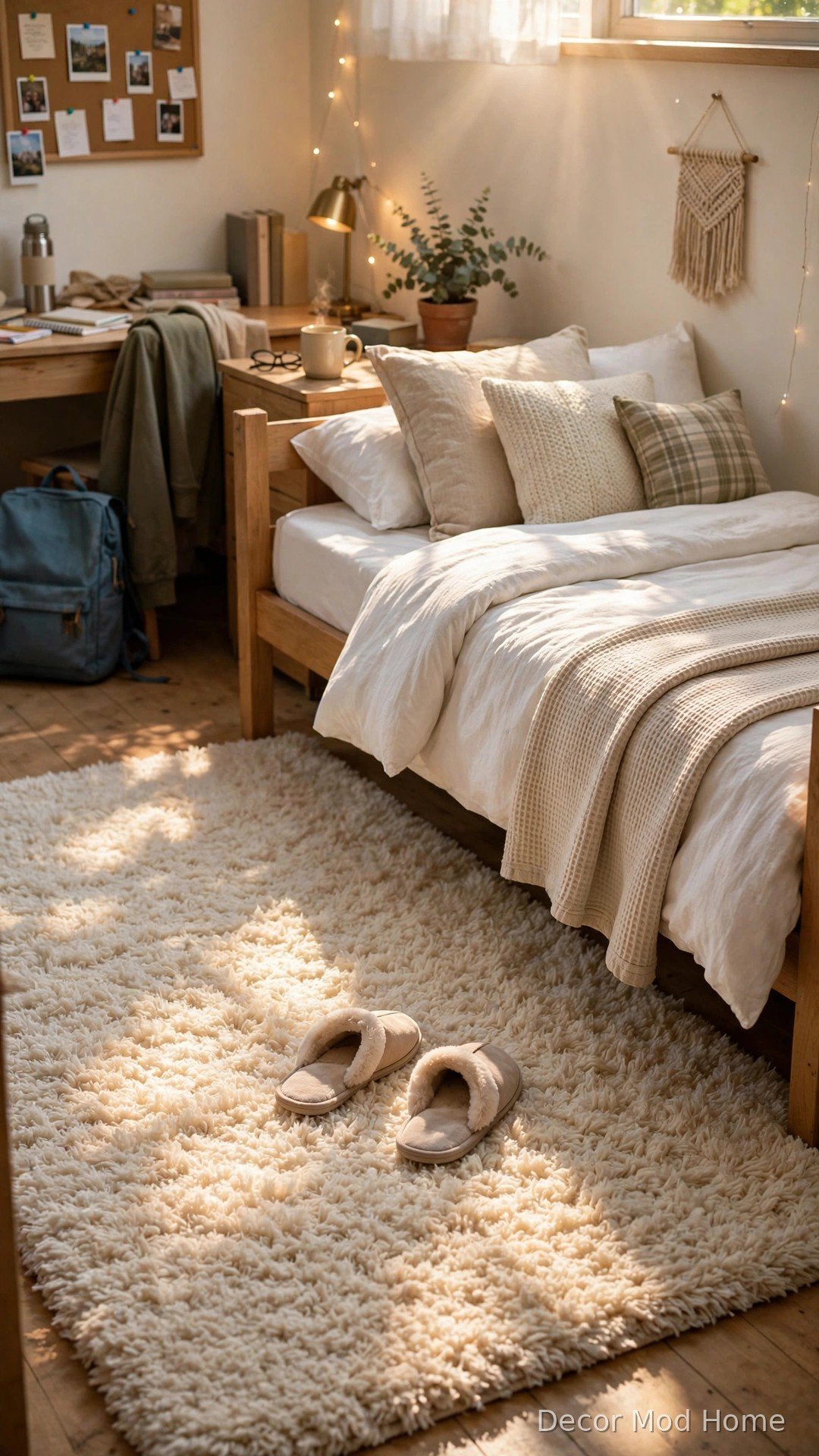 Plush cream shag area rug beside a dorm bed with soft slippers resting on it