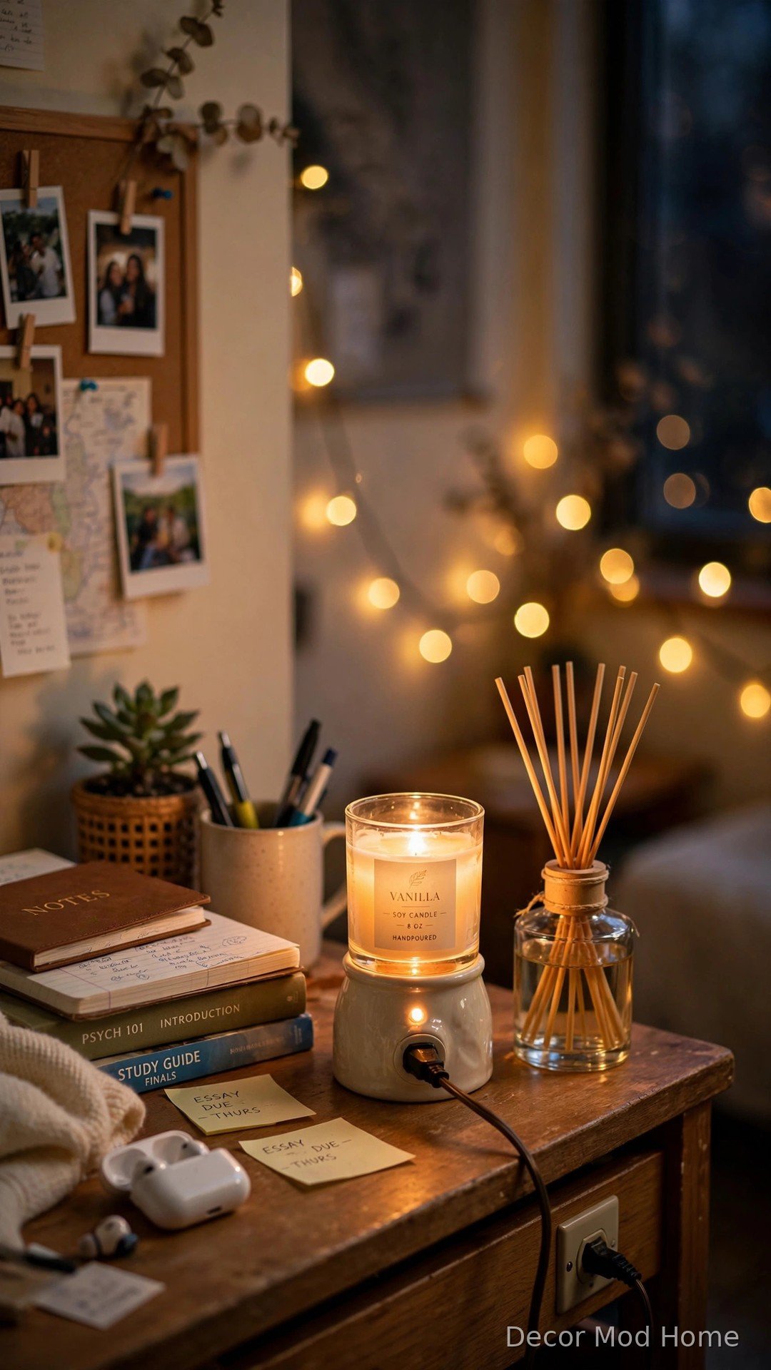 Plug-in candle warmer with vanilla candle and a reed diffuser on a dorm desk corner
