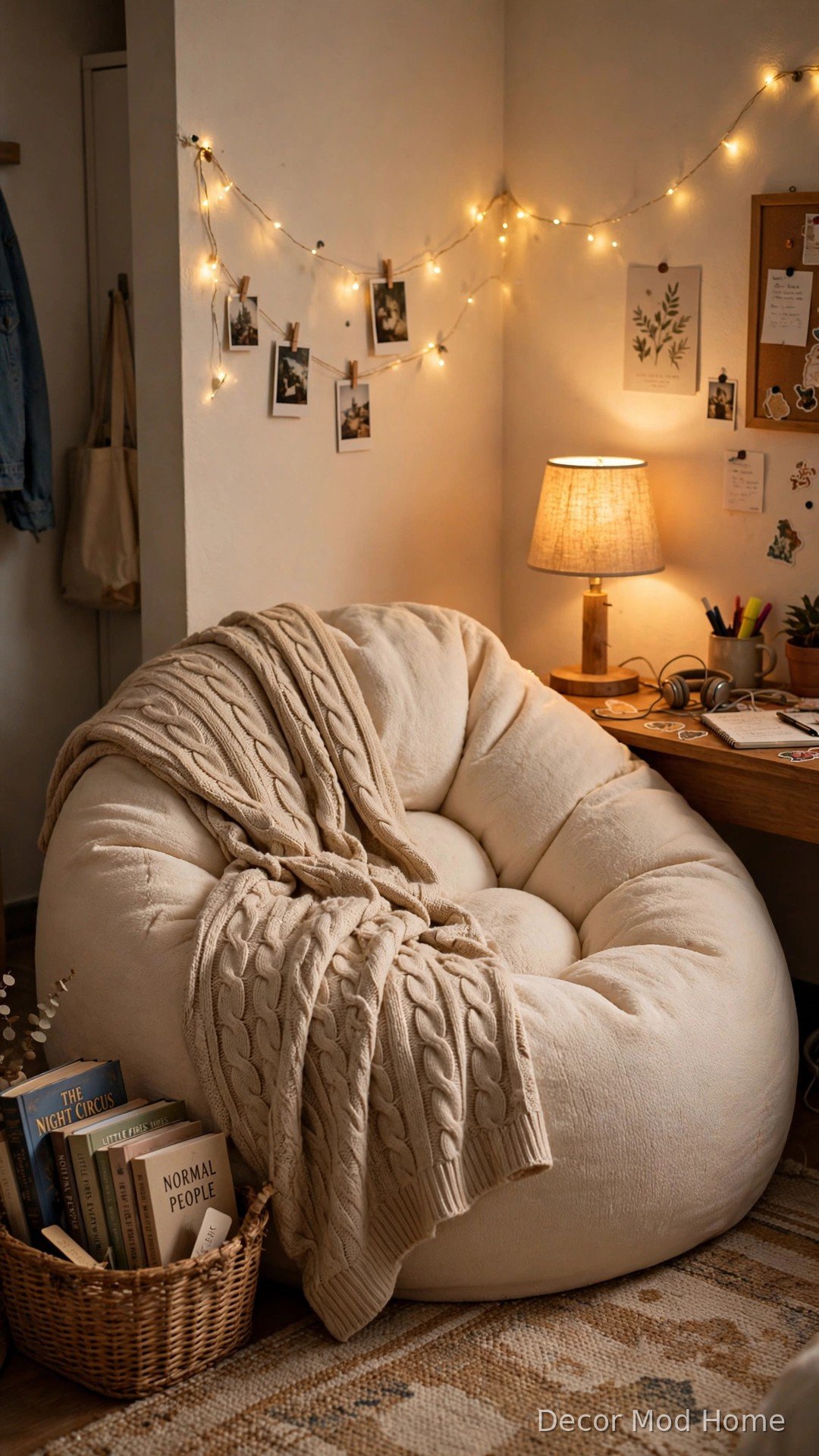 Oversized cream beanbag reading corner with a knit blanket and a basket of books