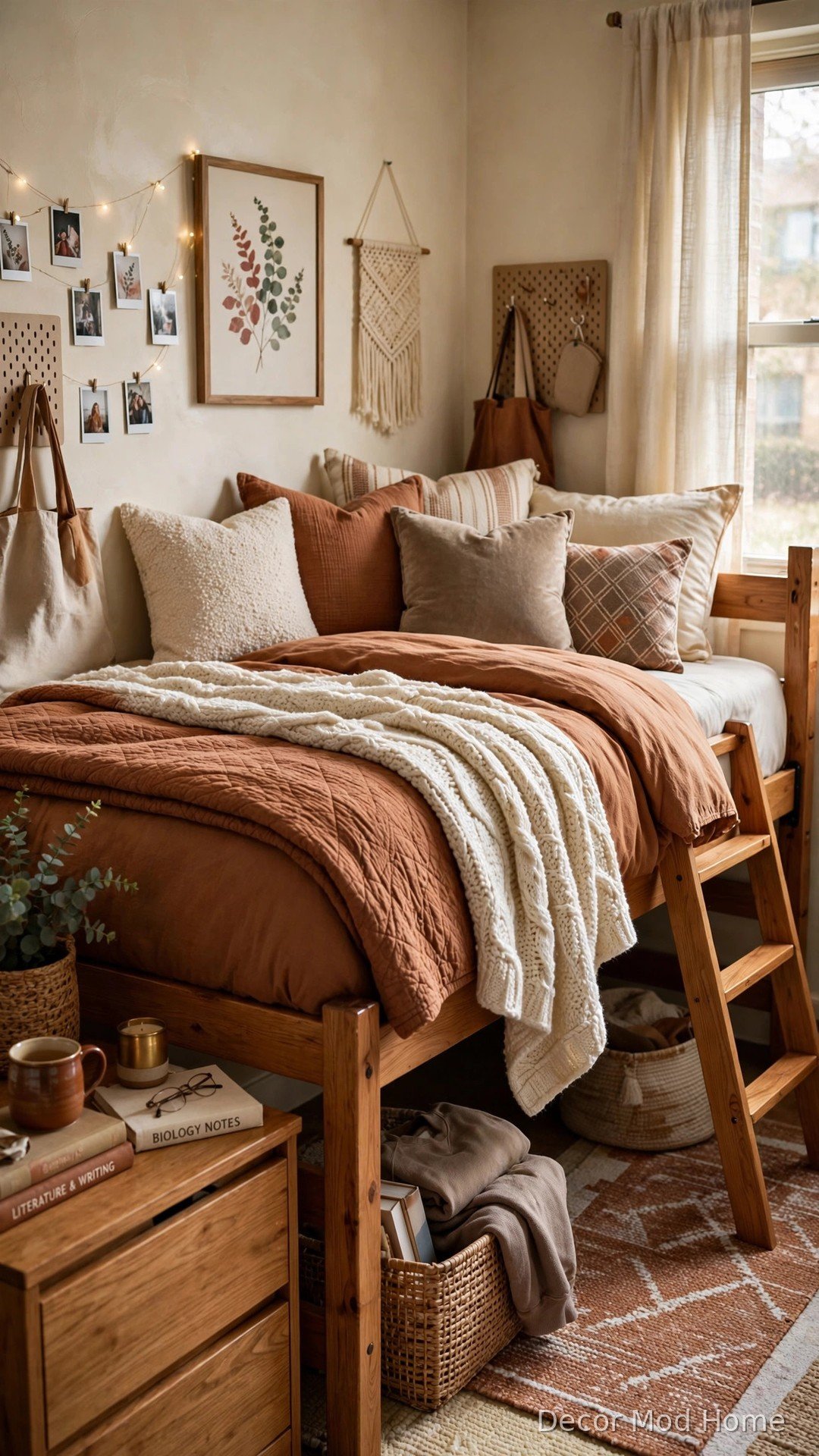 Dorm bed with layered rust duvet, quilt and chunky cream knit blanket in warm tones