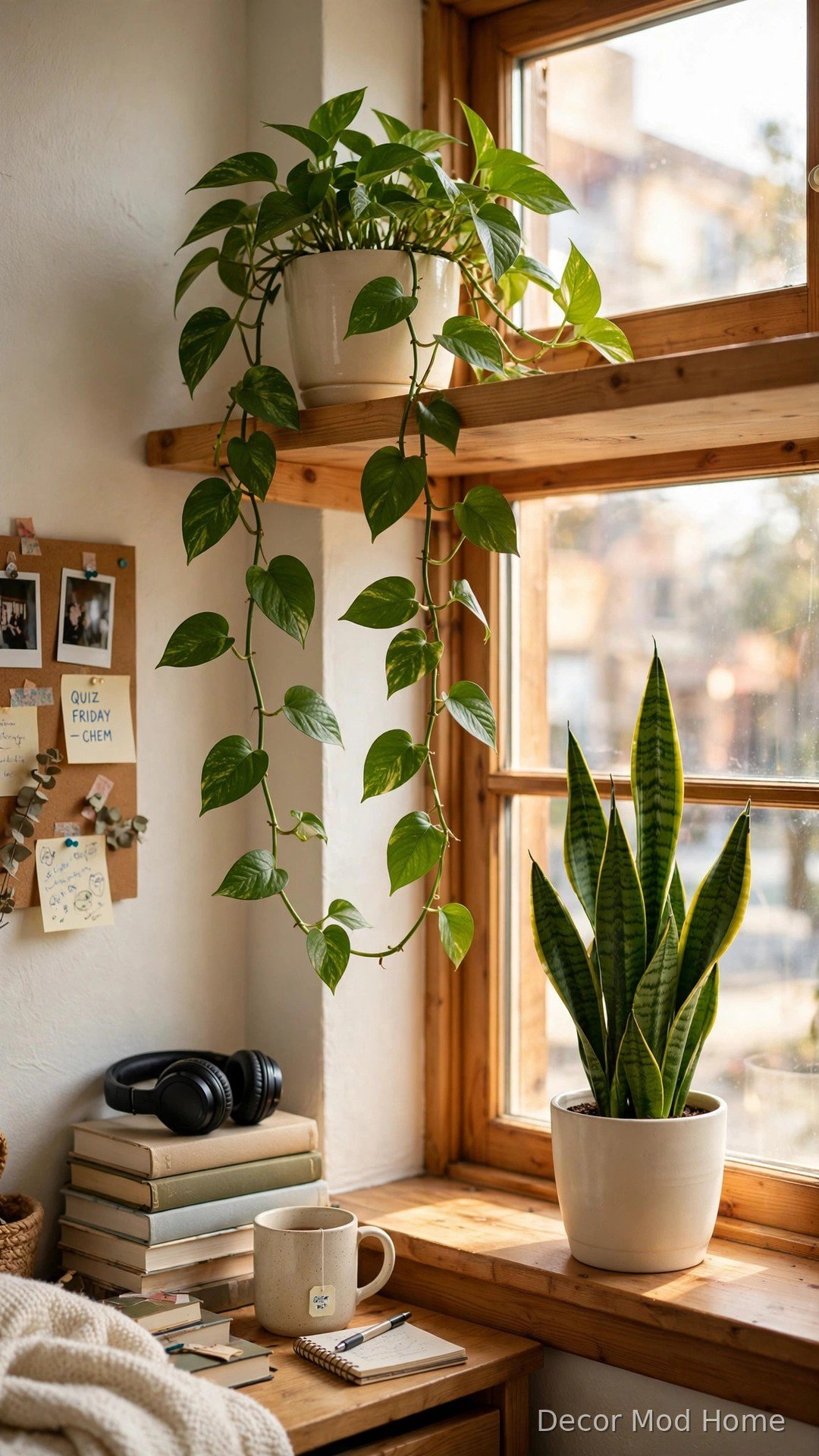 Trailing pothos on a shelf and an upright snake plant in matching cream pots by a window