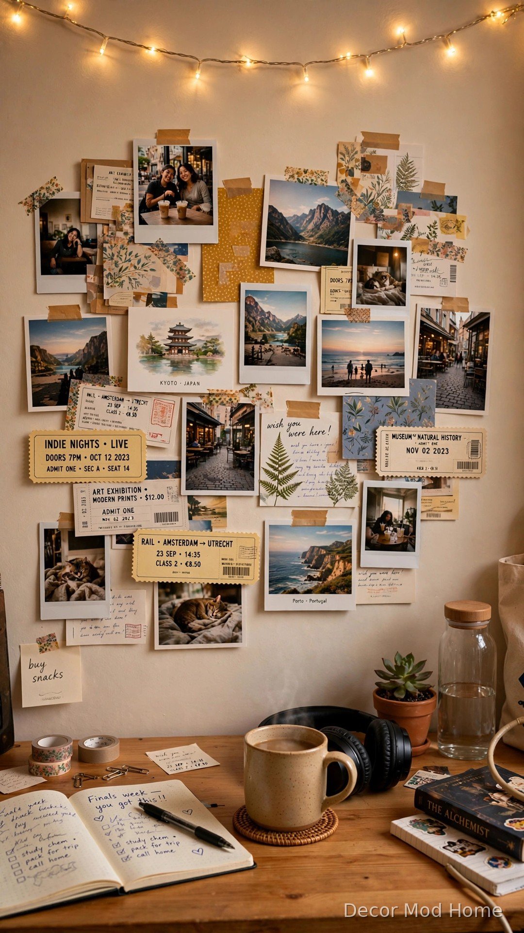 Memory wall of photos, postcards and ticket stubs arranged with washi tape above a dorm desk