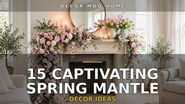 15 captivating spring mantle decor ideas featured image: fireplace mantel styled with spring garland, round mirror and pastel blooms