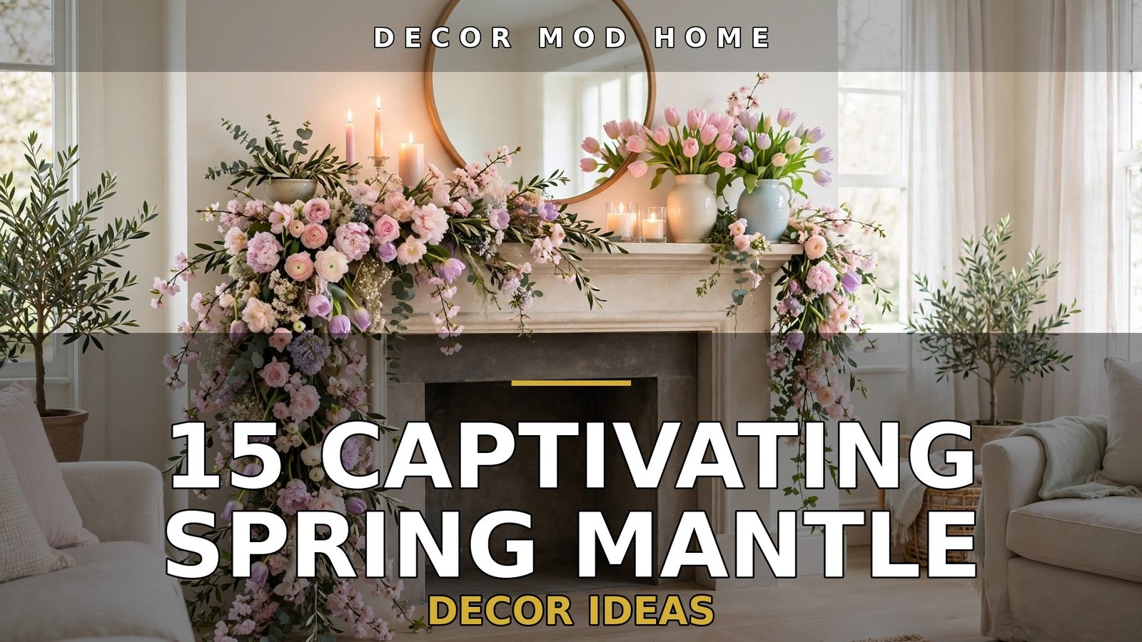 15 captivating spring mantle decor ideas featured image: fireplace mantel styled with spring garland, round mirror and pastel blooms