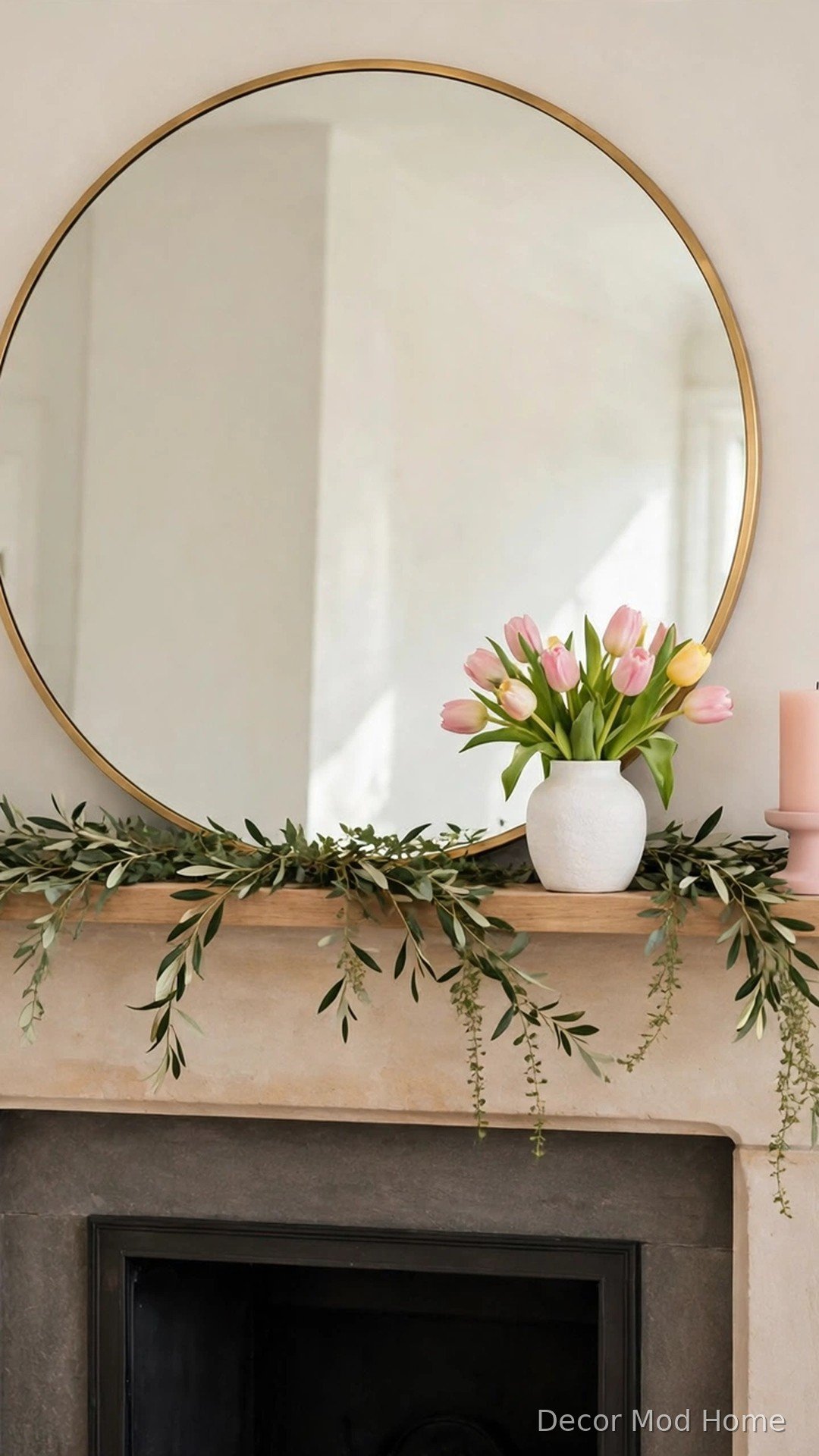 Oversized round mirror with gold frame leaned above a spring-styled mantel