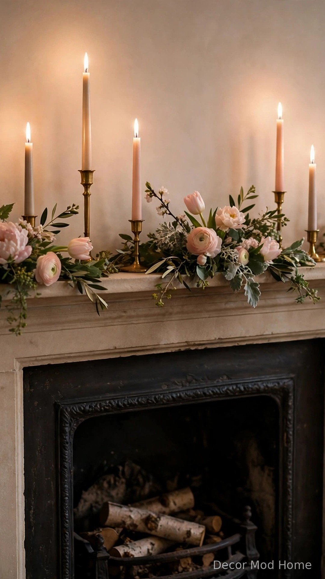 Brass taper candles of staggered heights glowing on a spring mantel