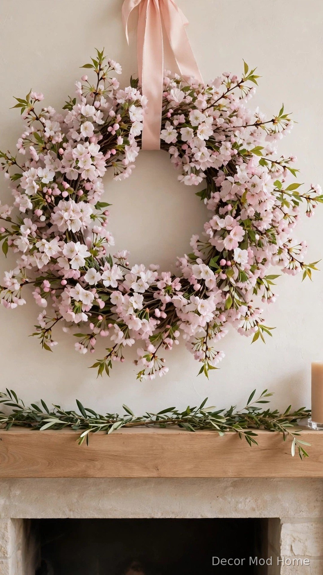 Blooming cherry-blossom wreath hung on ribbon above a fireplace mantel