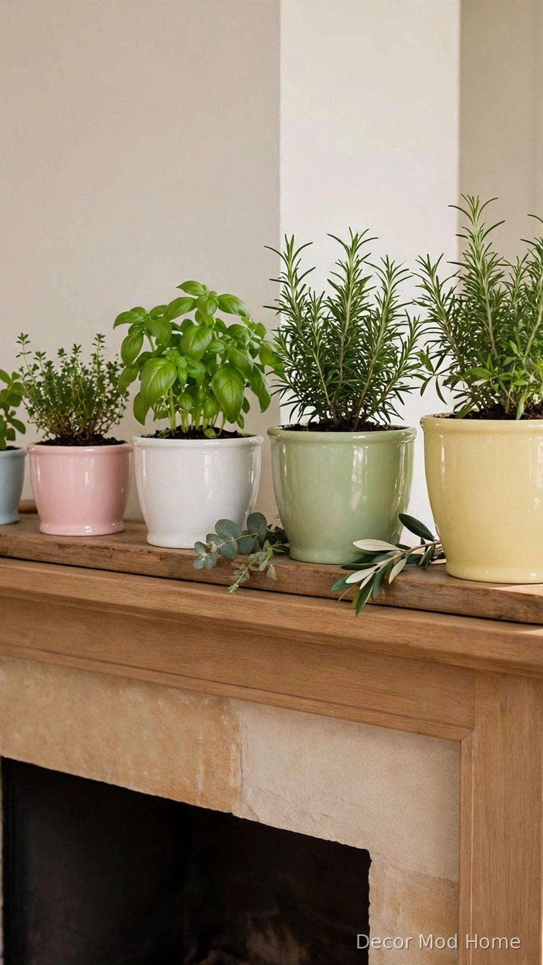 Fresh potted herbs in pastel ceramic planters lined along a spring mantel