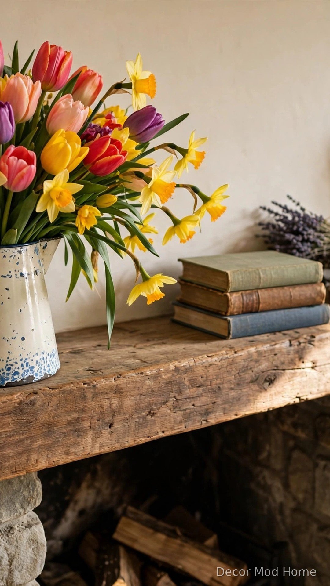 Vintage enamel pitcher overflowing with market tulips and daffodils on a mantel