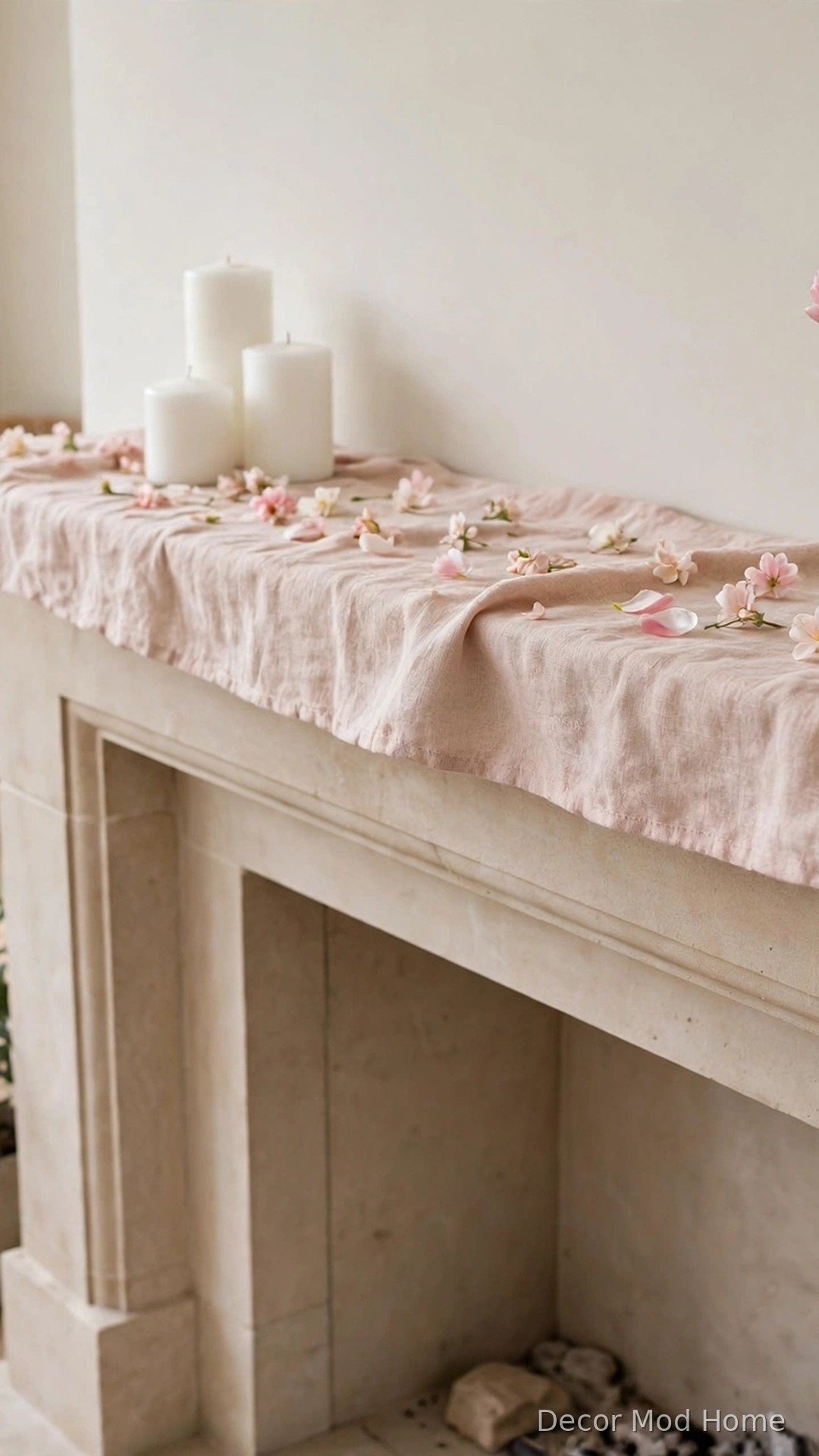 Linen runner with scattered petals styling a spring fireplace mantel