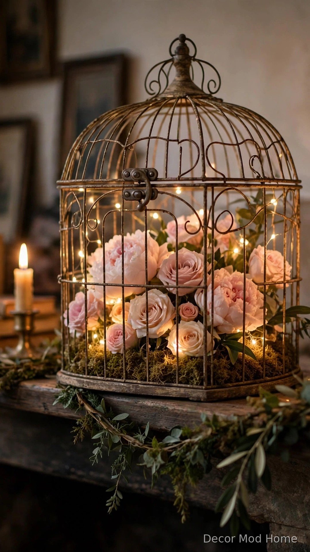 Decorative birdcage filled with pastel blooms and fairy lights on a spring mantel