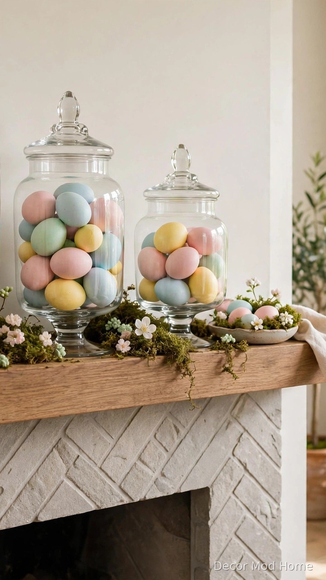 Glass apothecary jars filled with pastel Easter eggs on a spring mantel