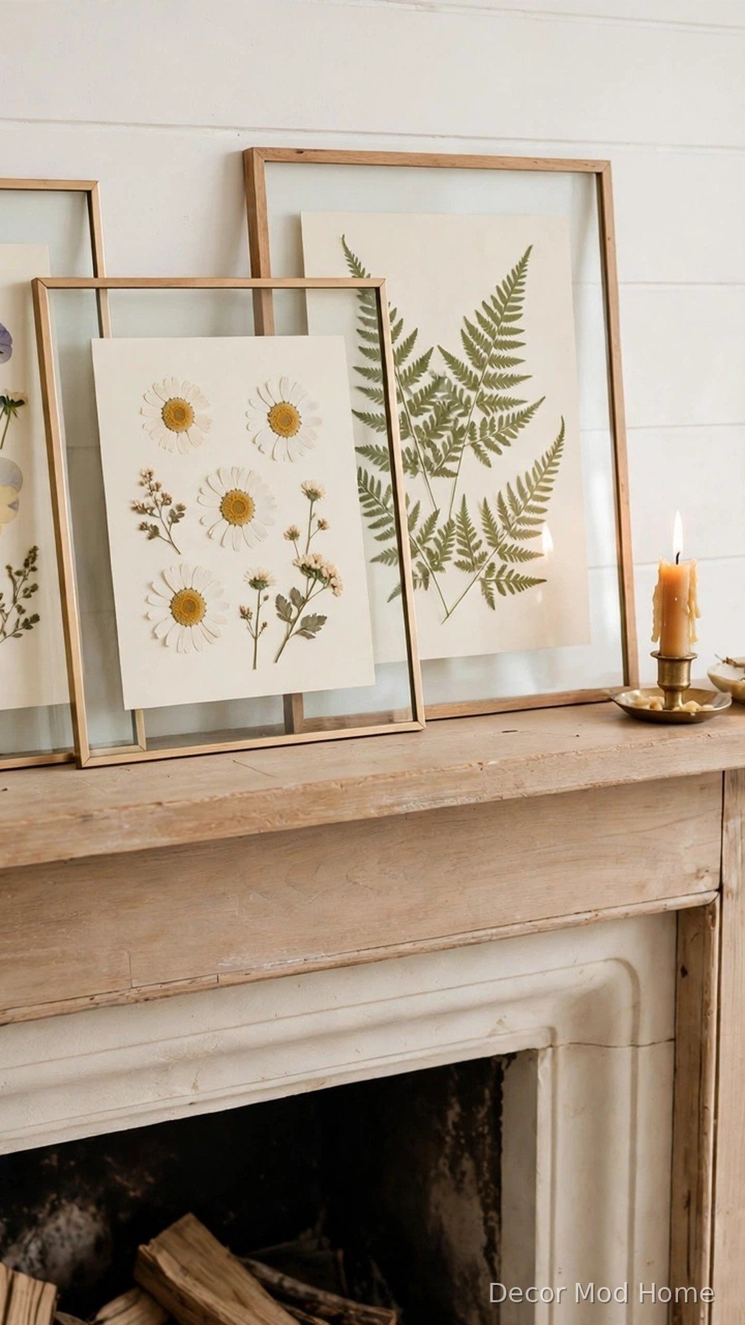 Framed pressed-flower botanical art leaned on a spring fireplace mantel
