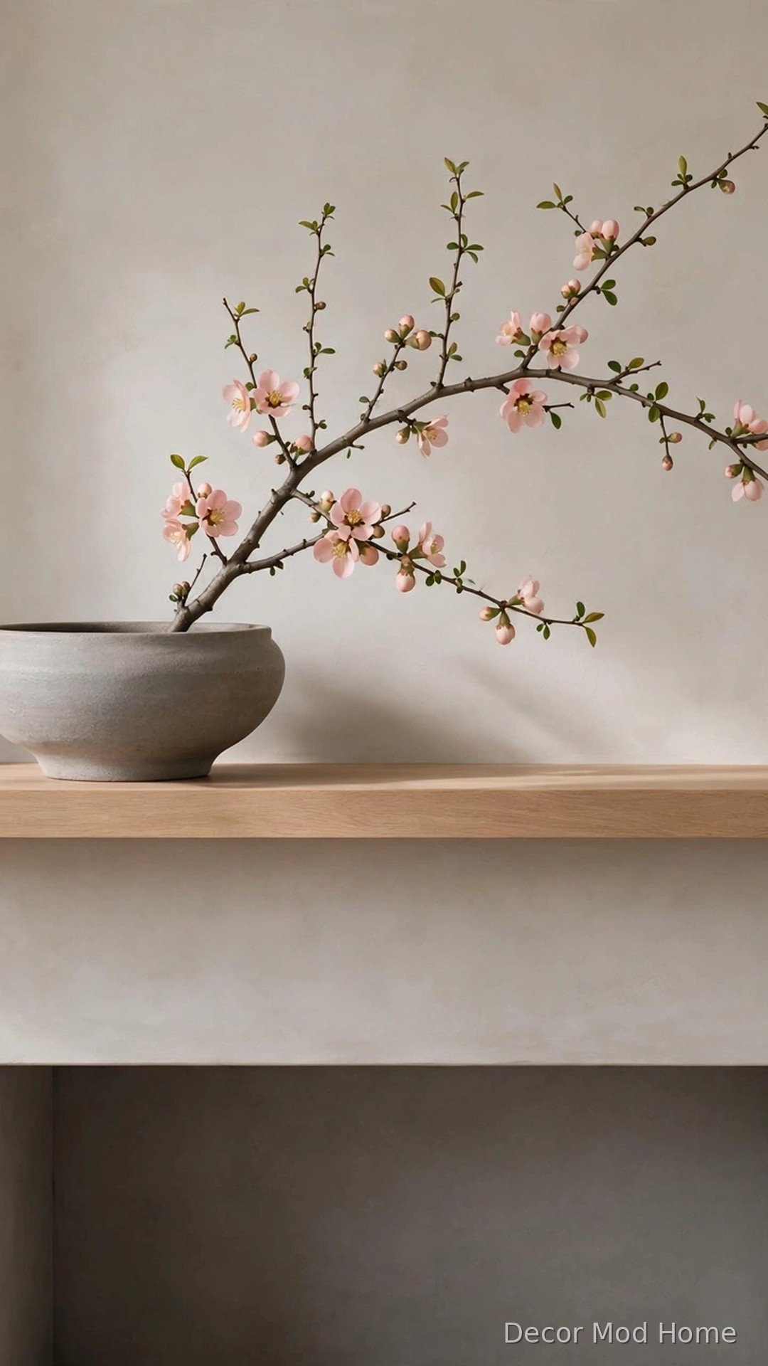 Ikebana-inspired single blossoming branch in a ceramic vase on a minimal mantel