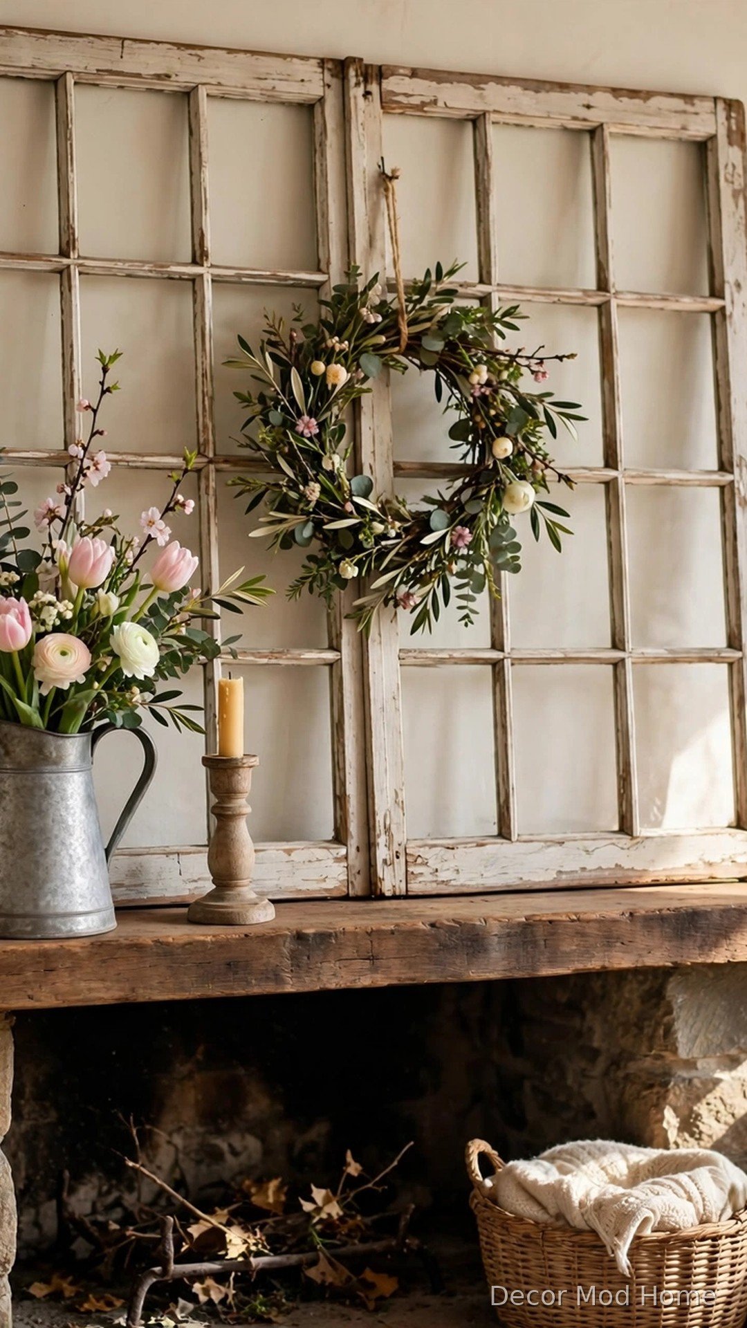 Antique whitewashed window frame with spring wreath as rustic mantel backdrop