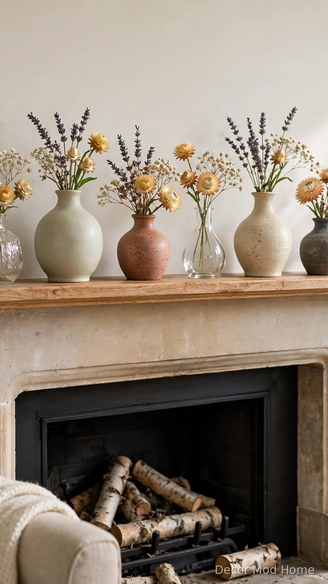 Cluster of bud vases with dried flower posies on a spring fireplace mantel