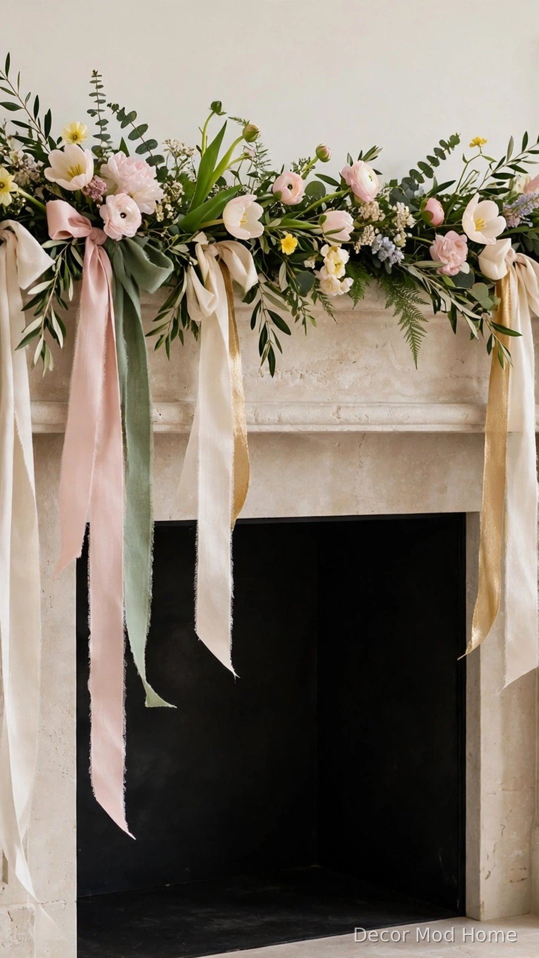 Flowing pastel ribbons tied into a spring swag along a greenery garland on a mantel