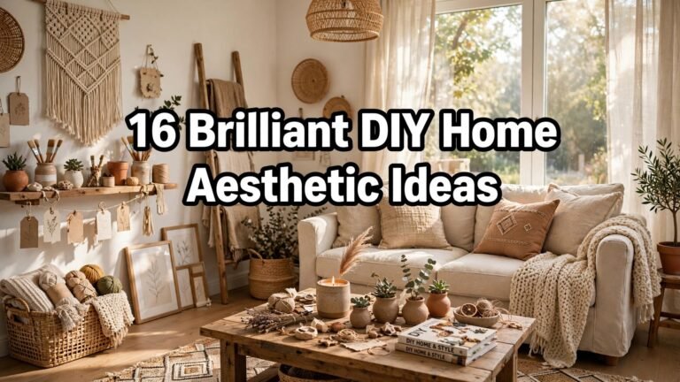 Bright living room with DIY decor touches and bold text overlay reading "16 Brilliant DIY Home Aesthetic Ideas".