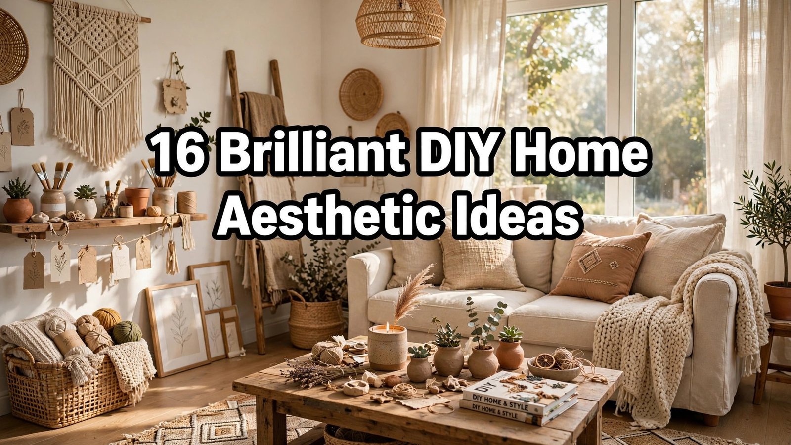 Bright living room with DIY decor touches and bold text overlay reading "16 Brilliant DIY Home Aesthetic Ideas".
