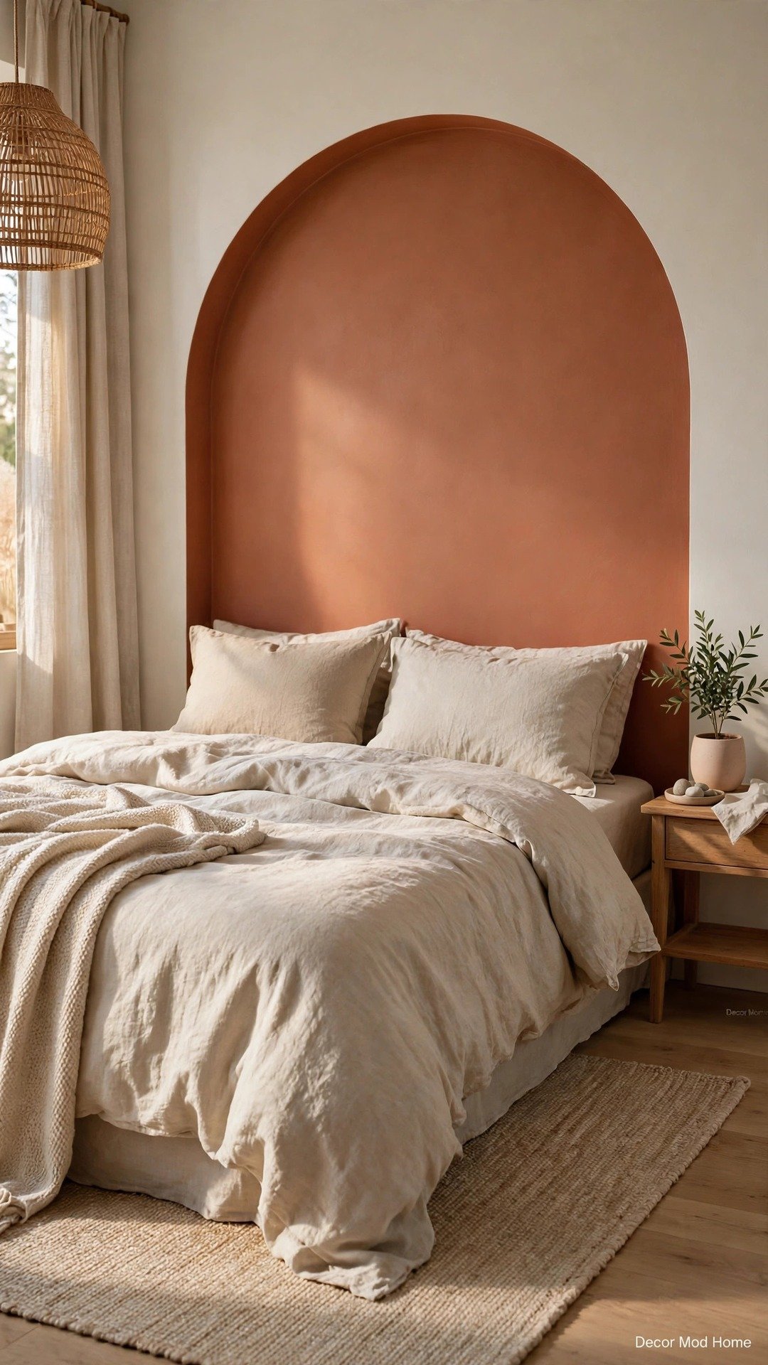 Cozy bedroom with a painted terracotta arch accent wall behind a bed dressed in neutral linen bedding.