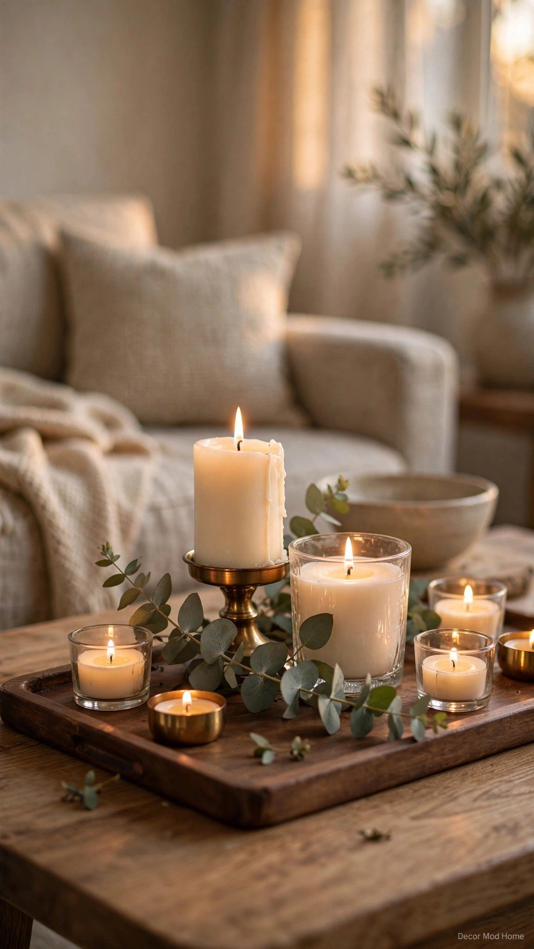 Candle cluster centrepiece on a wooden tray with pillar candles, tea lights and a sprig of eucalyptus.
