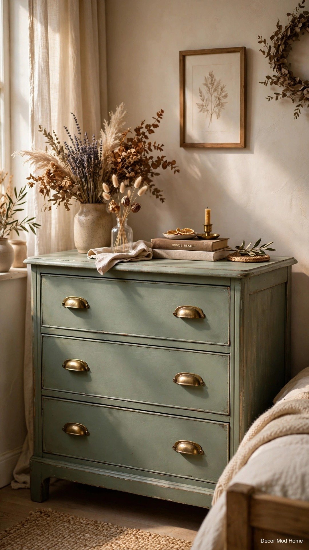 Sage-green chalk-painted vintage dresser with brass handles styled in a cozy bedroom.