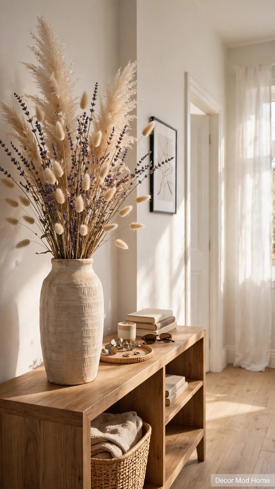 Tall ceramic vase with dried pampas grass, lavender and bunny tails in a bright hallway.
