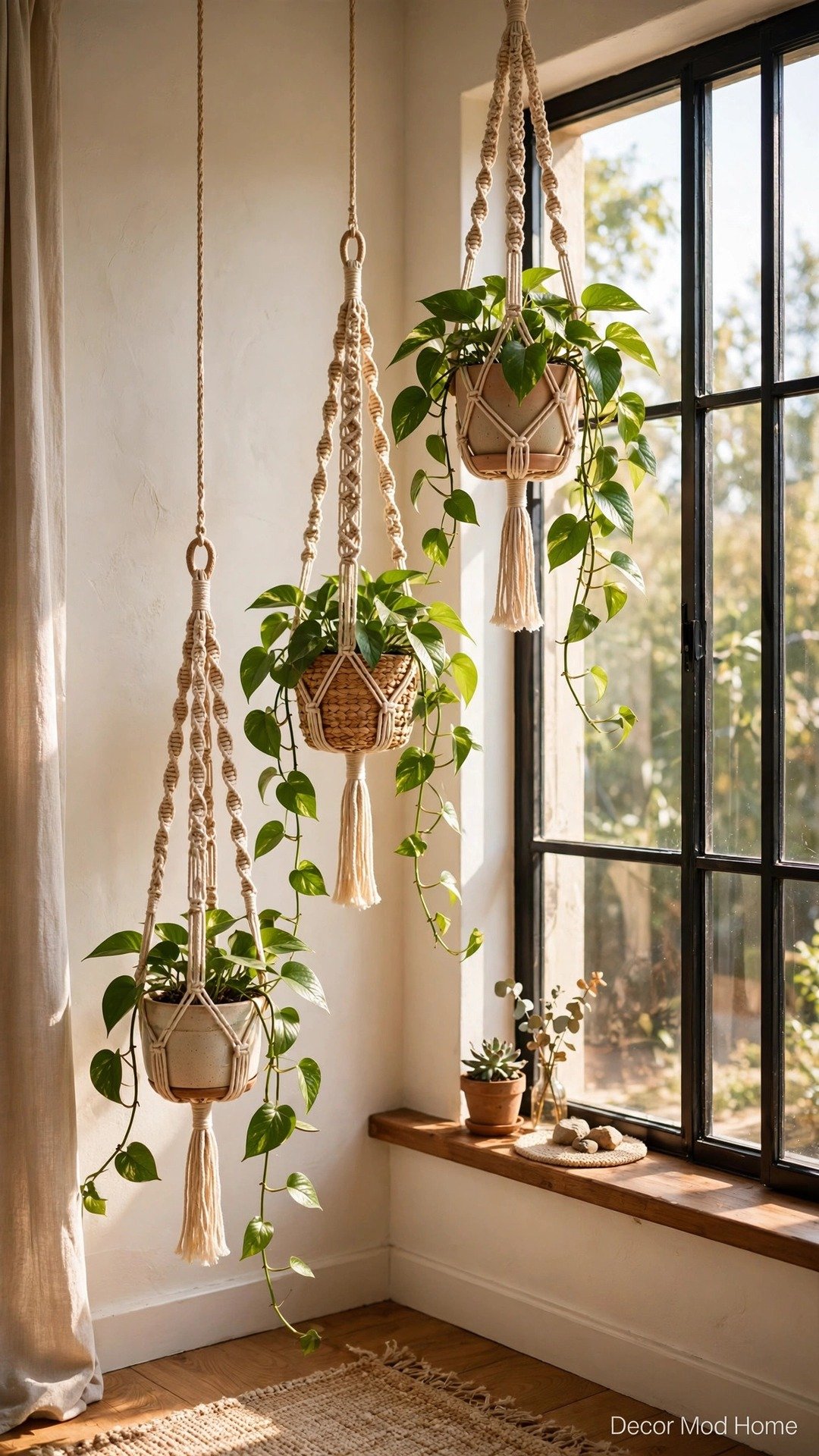 Handmade macramé plant hangers with trailing pothos plants at different heights in a sunny window corner.