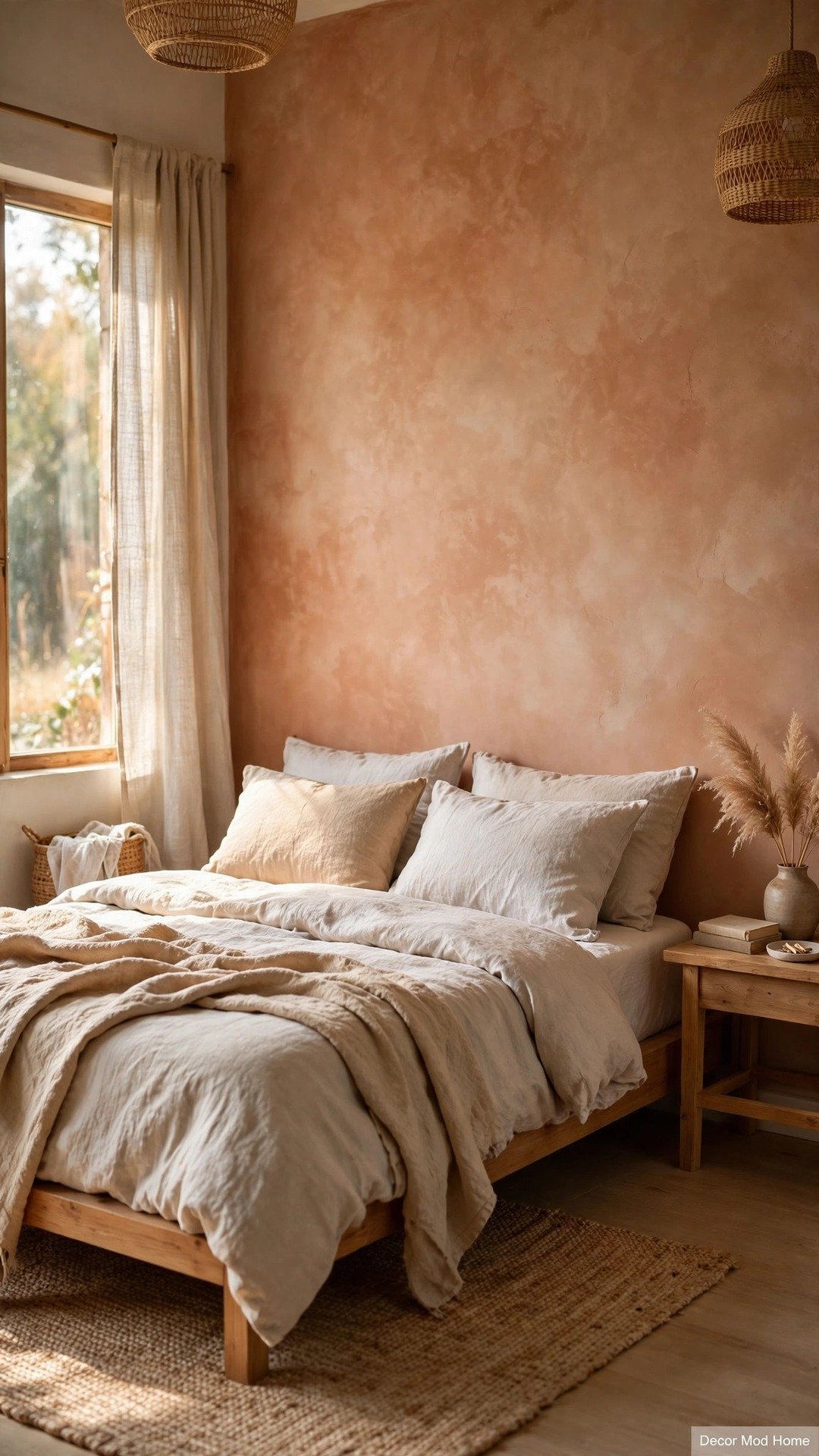 Bedroom with a warm clay limewash plaster-effect feature wall and natural linen bedding.