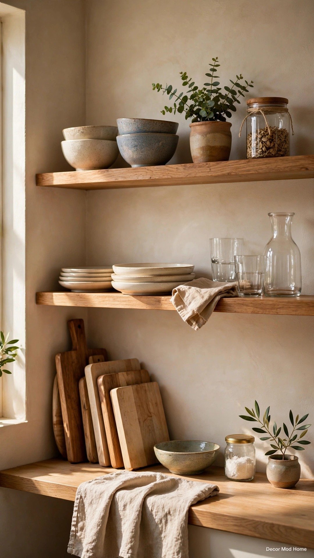 Styled open kitchen shelves with ceramic bowls, stacked plates, cutting boards, glassware and a small plant.