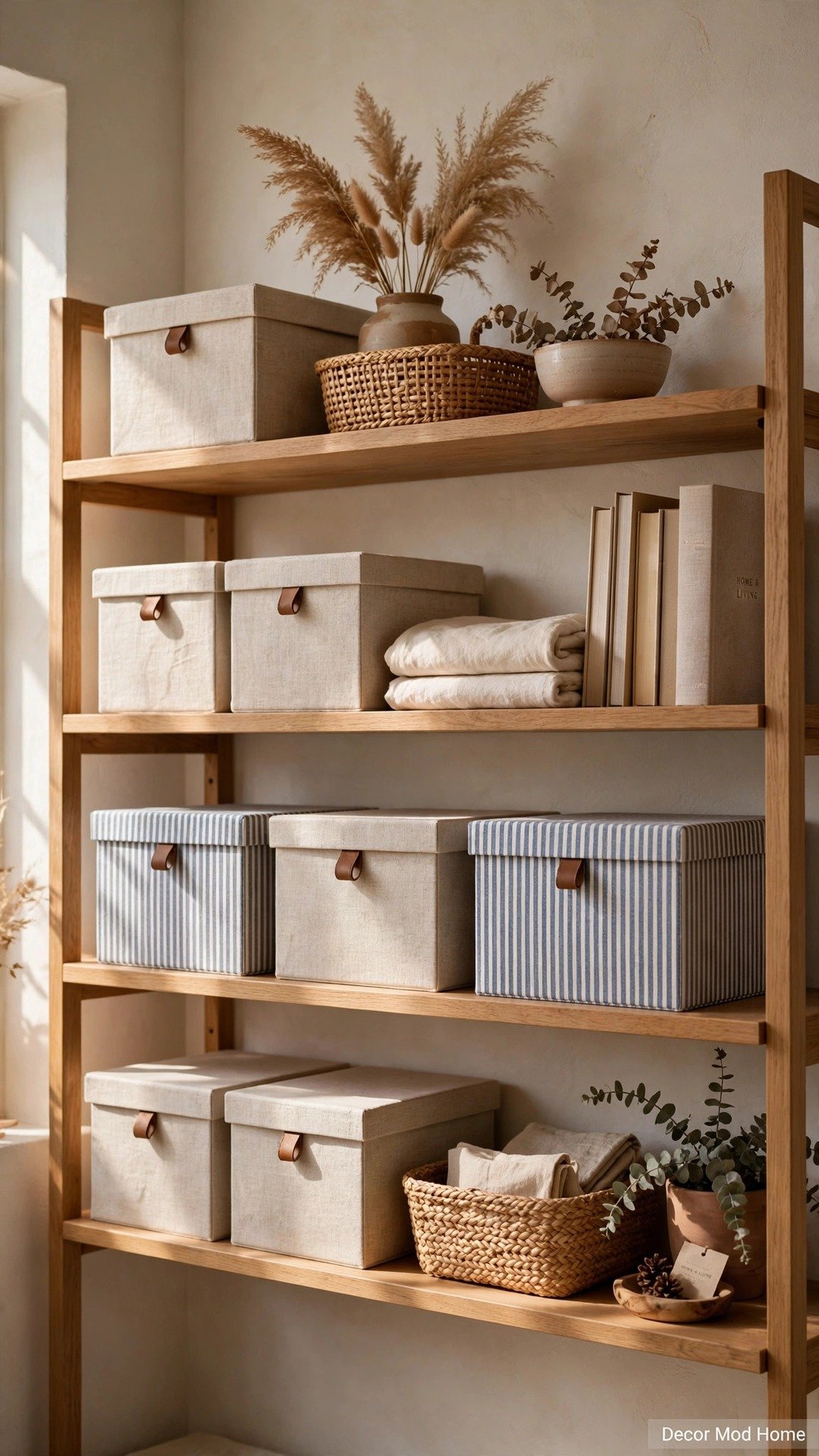 Open shelving with fabric-covered storage boxes in natural linen and ticking stripe with leather pulls.