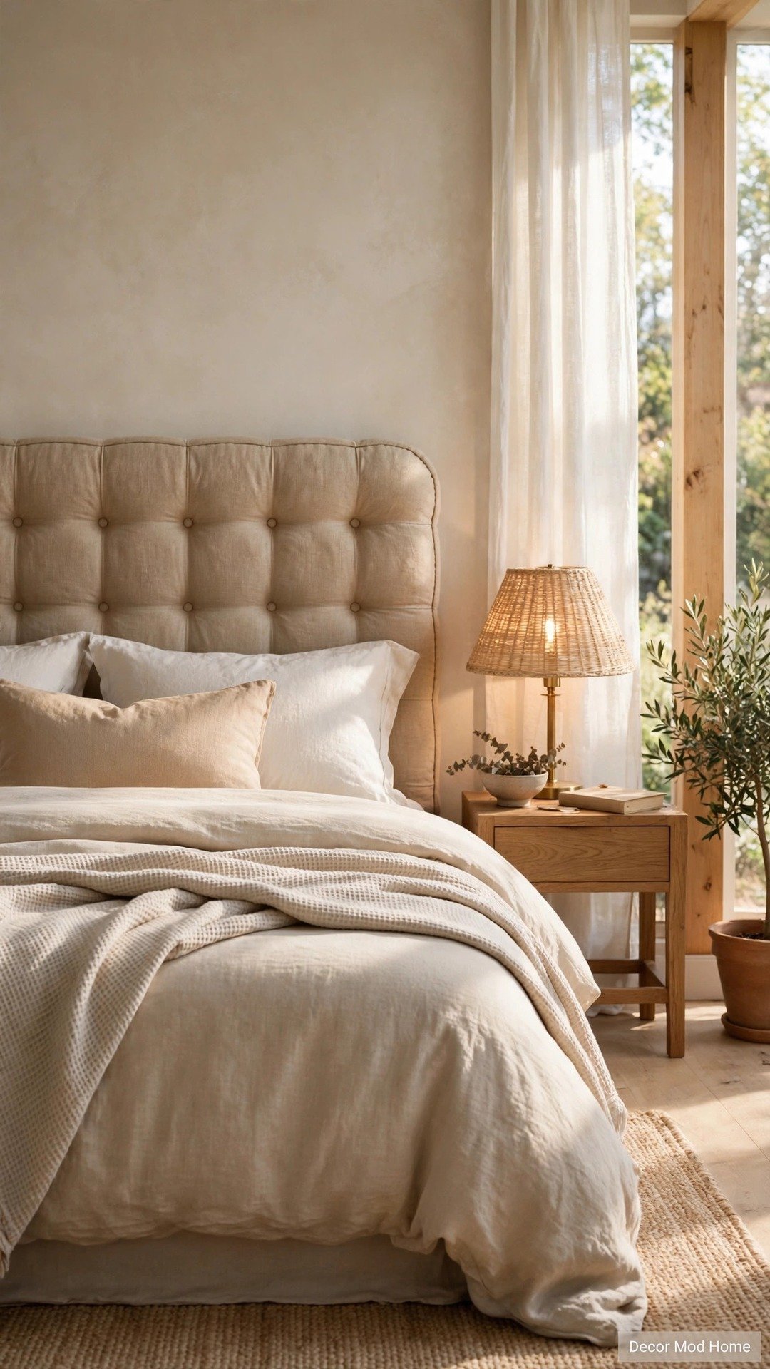 Bedroom with a DIY upholstered beige linen headboard and hotel-style neutral bedding.